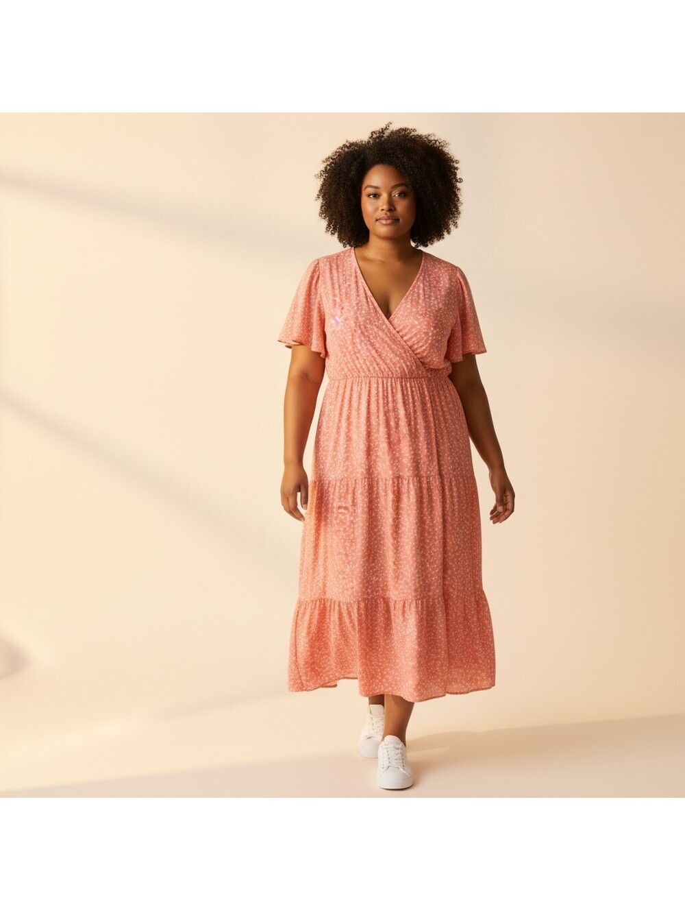 Kojooin Dress Women 2XL Pink Geometric Sheath Midi V-Neck Short Sleeve Casual